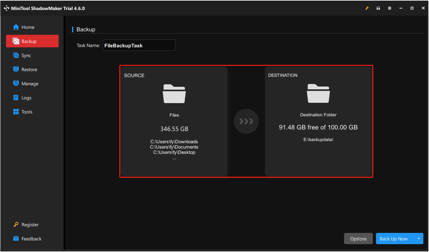 set up the files/folders or partitions/disks to back up and the location to store the backup files in MiniTool ShadowMaker