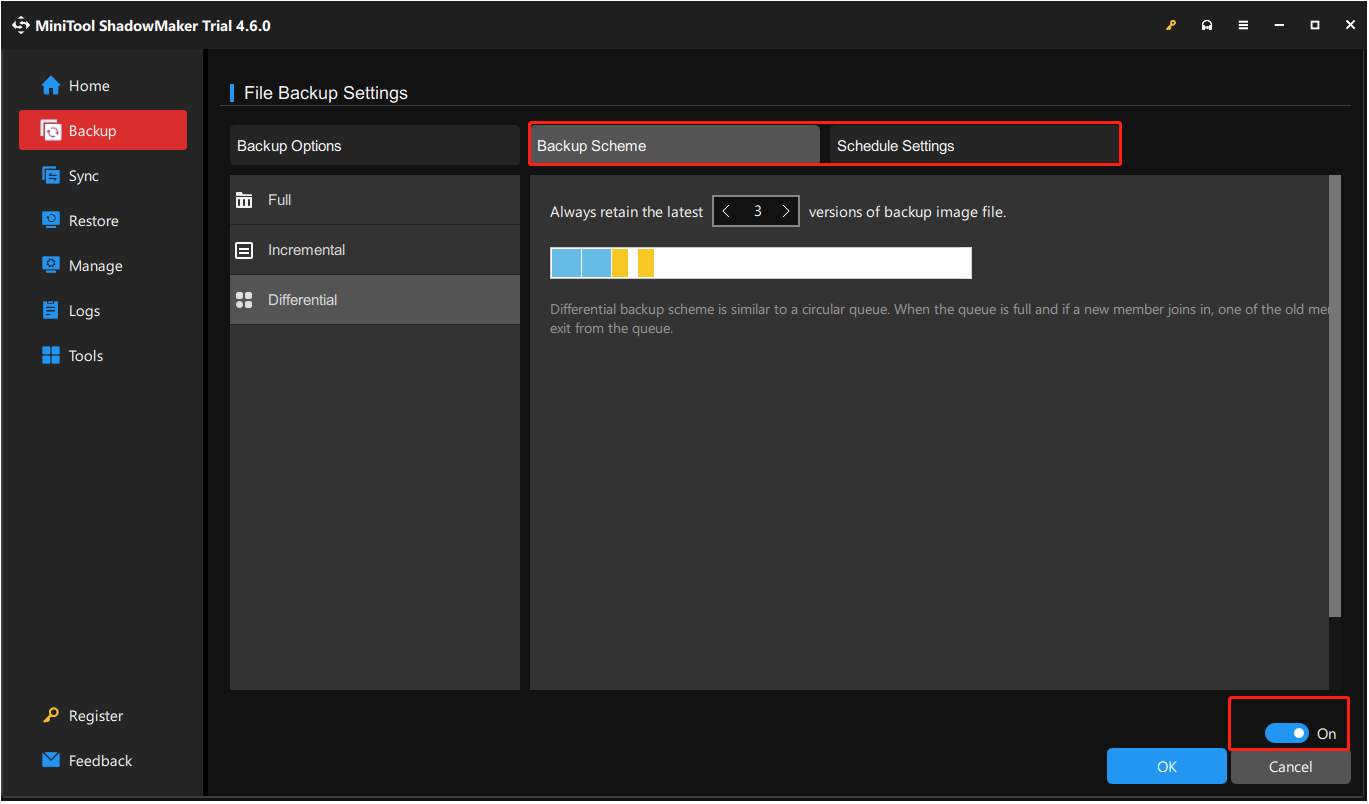 enable and configure backup schemes and schedule settings in MiniTool ShadowMaker