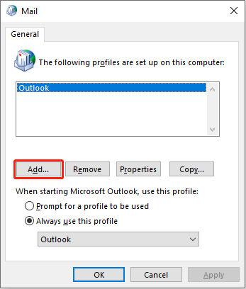 Outlook show profiles to add a new file