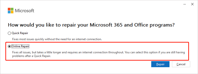 repair Microsoft Office in Windows
