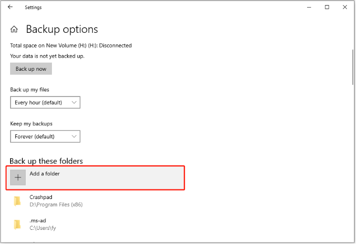 click Add a folder to back up your game saves