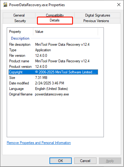 verify detailed information of an EXE file