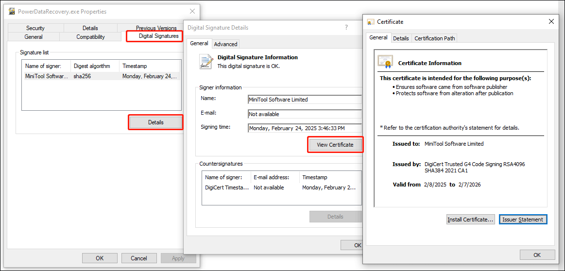 check the digital signature for an EXE file