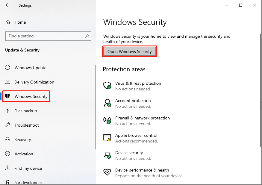 click Open Windows Security to enable Windows Defender