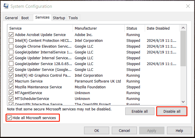 Windows 10 Clean Boot disable Microsoft services