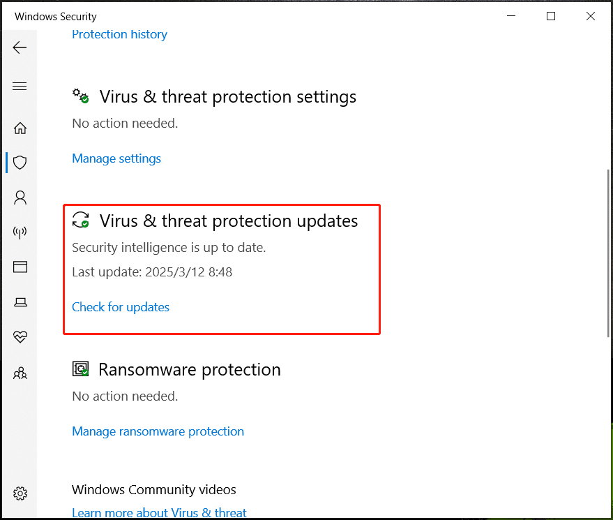 update Windows Security under Virus and threats protection