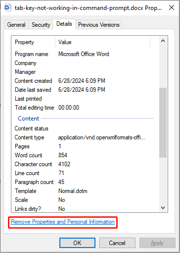 click Remove Properties and Personal Information