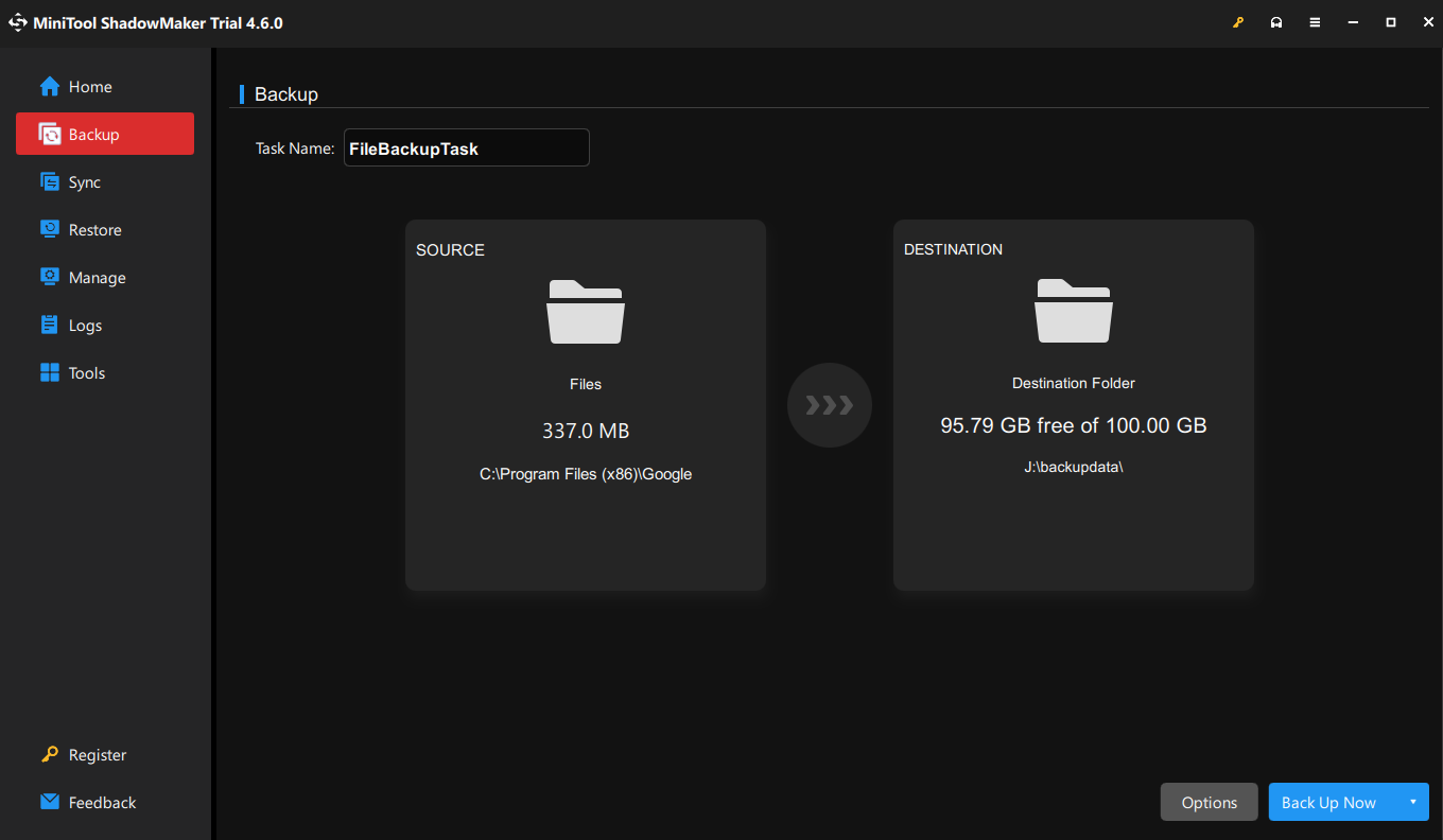 the Backup page