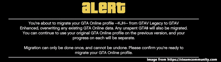 the Alert screen of GTA V profile migration