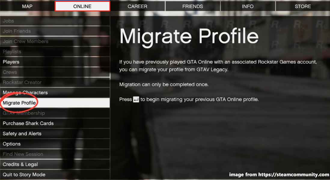 migrate your GTA V profile via Pause Menu