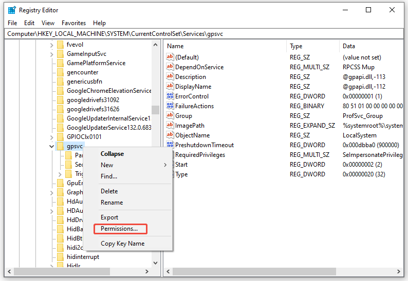 right-click on the gpsvc key to select Permissions in Registry Editor
