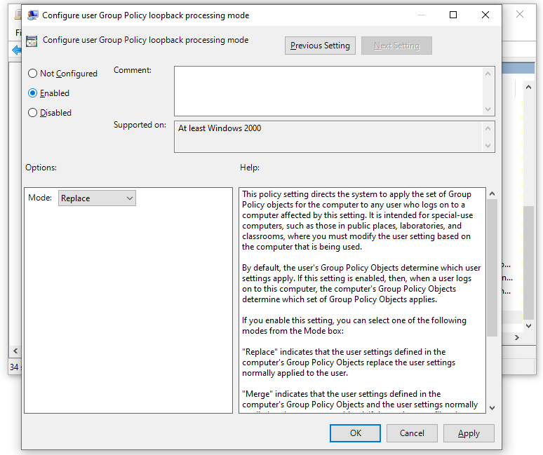 Enable Configure user Group Policy loopback processing mode