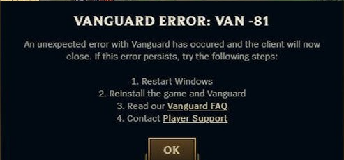 the error message of VAN 81 in League of Legends