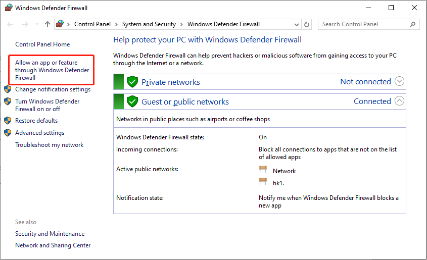 click Allow an app or feature through Windows Defender Firewall