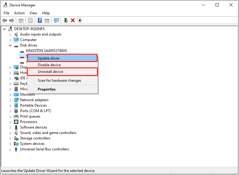 update or uninstall the disk driver in Device Manager