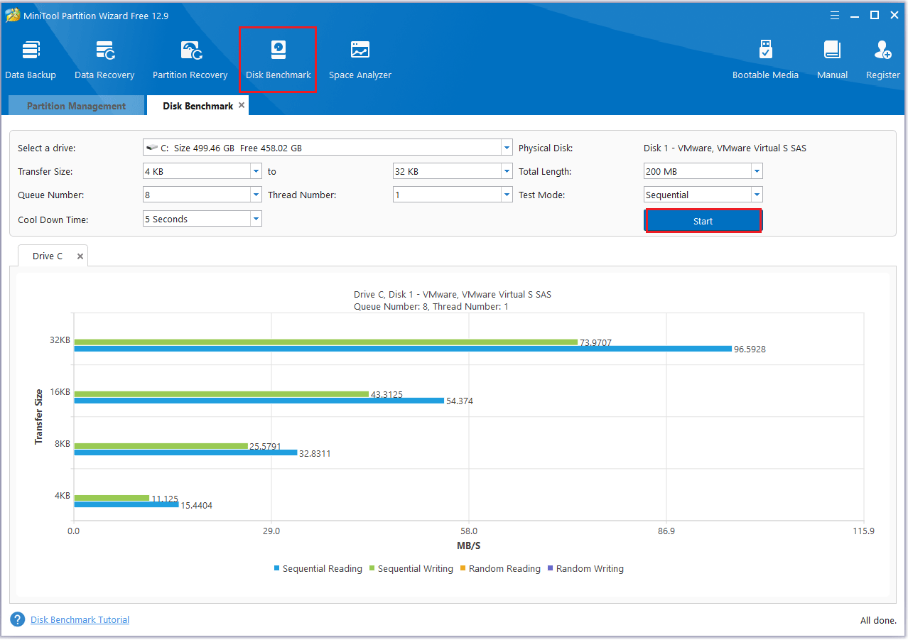 test SSD speed in MiniTool Partition Wizard