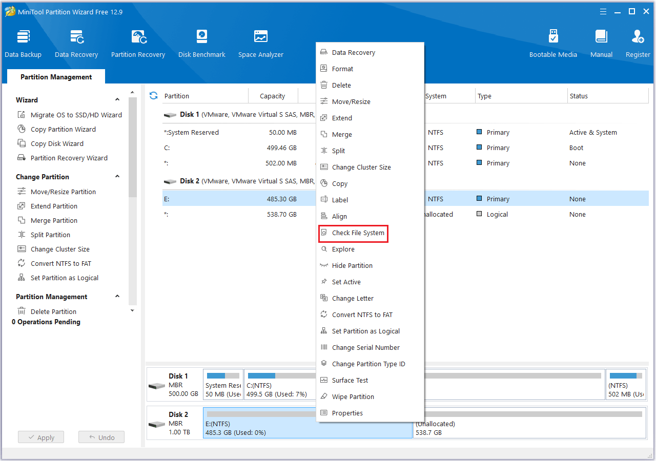 click Check File System in MiniTool Partition Wizard