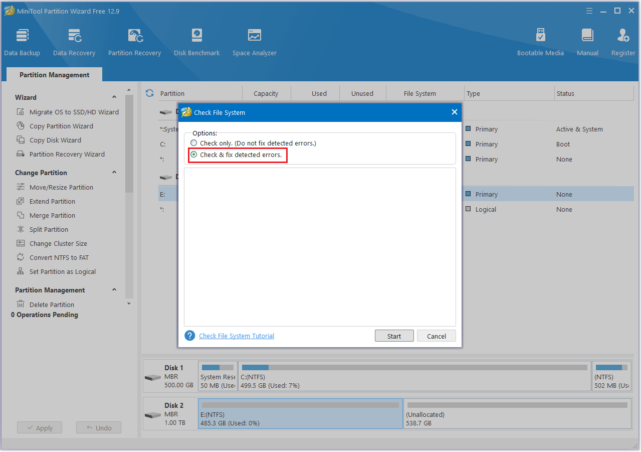click Start button in MiniTool Partition Wizard