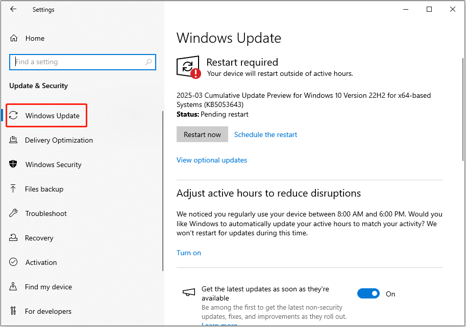 check for Windows updates in Settings