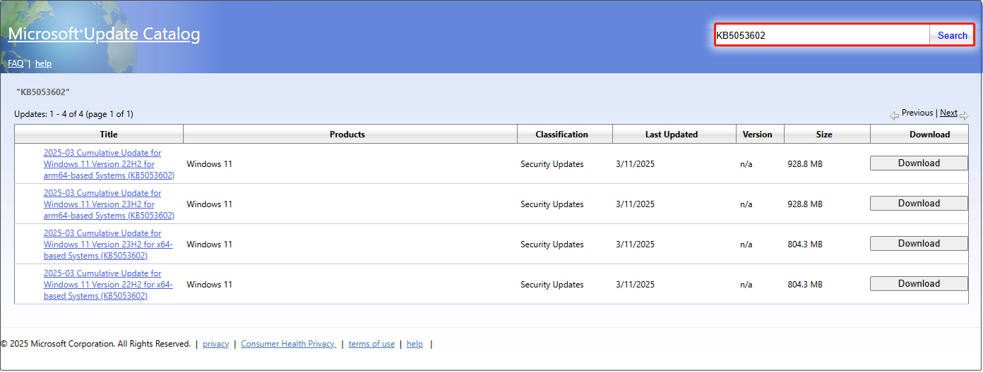 download KB5053602 using Microsoft Update Catalog