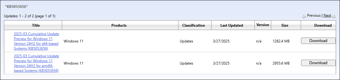 download the .msu file manually via the download link