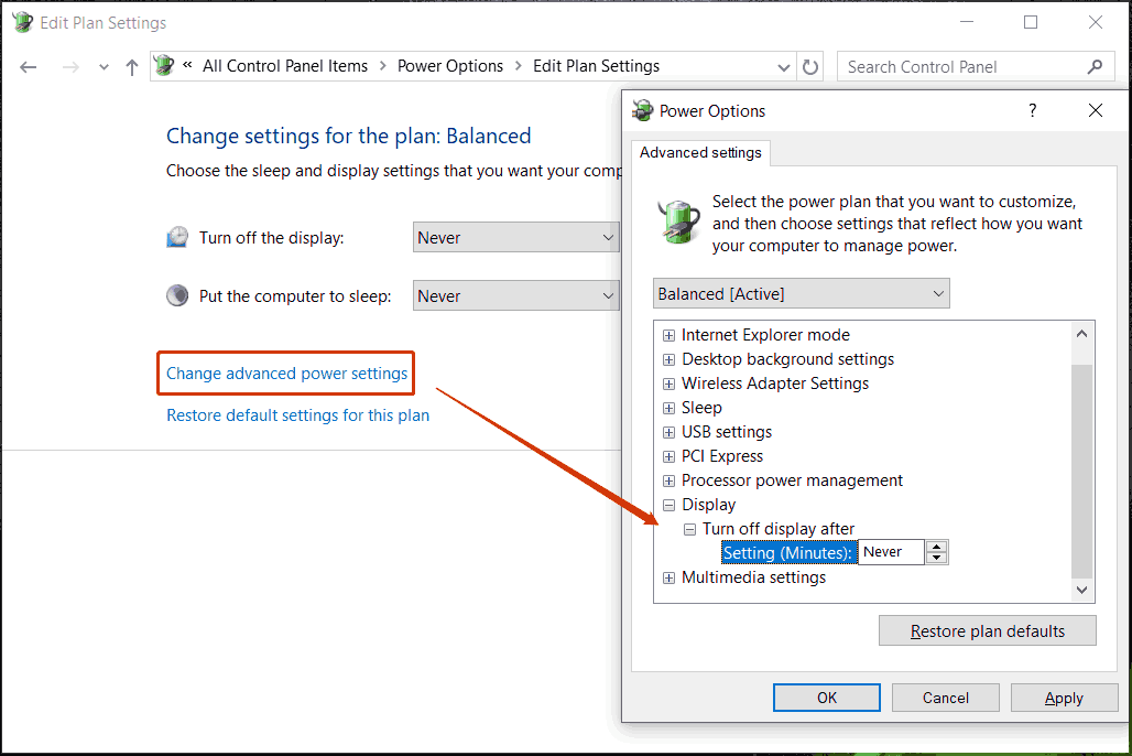 turn off display after never