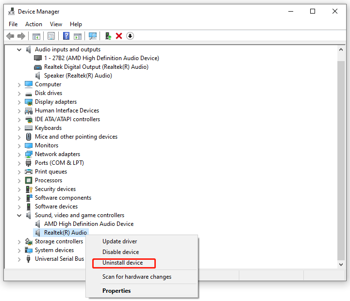 right-click on your Realtek Audio driver and hit Uninstall device