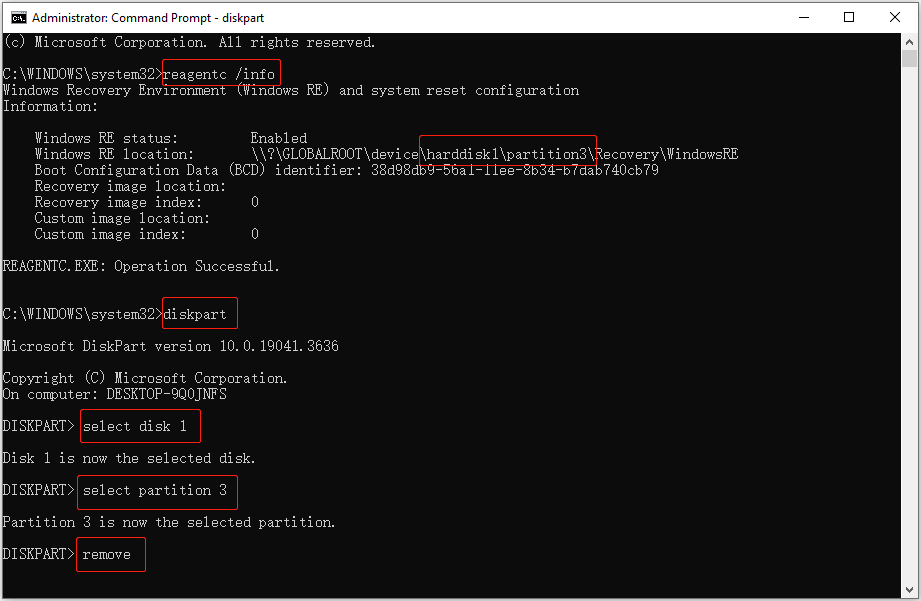 remove the drive letter from the recovery partition in Command Prompt