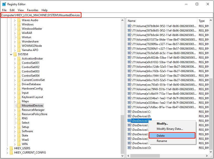 delete the \DosDevices\ value to remove the drive letter