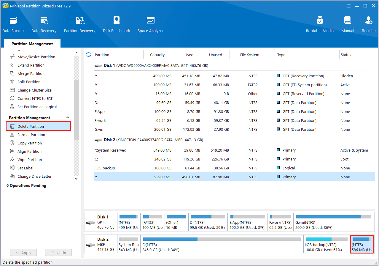 delete the recovery partition in MiniTool Partition Wizard