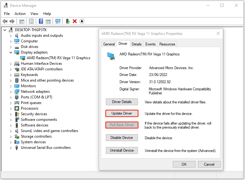 choose Update Driver or Roll Back Driver