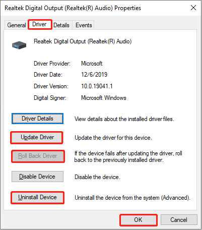 update, roll back, uninstall the audio driver