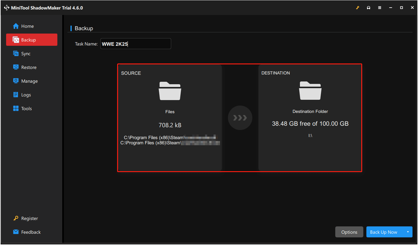 set up the backup file and destination path in the SOURCE and DESTINATION sections in MiniTool ShadowMaker
