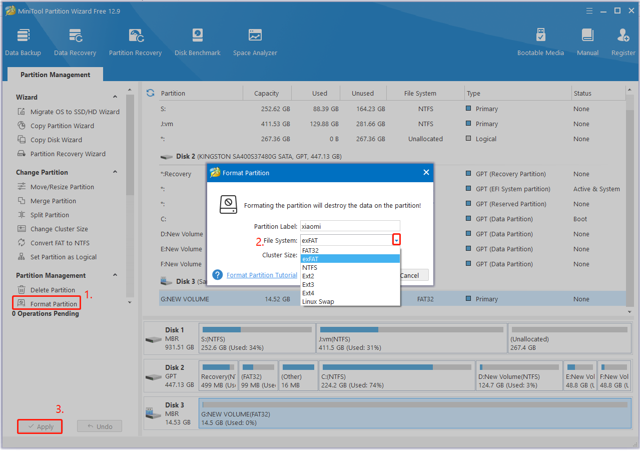 format card to FAT32 or exFAT using Partition Magic