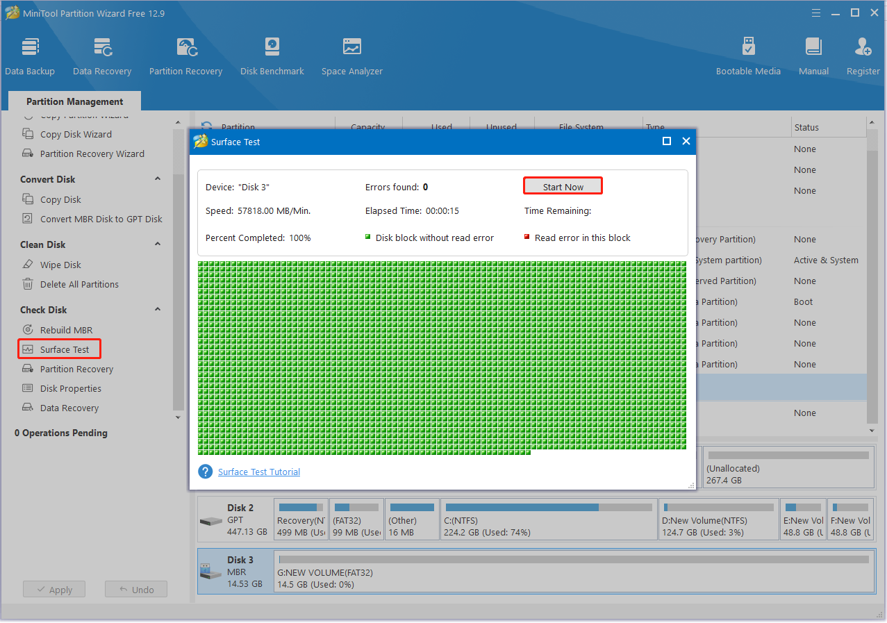 run surface test on Partition Magic