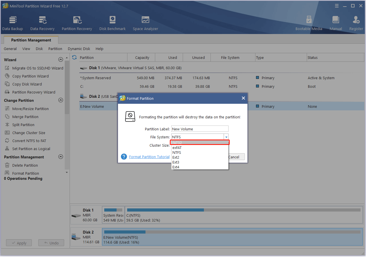 Seleccione el sistema de archivos FAT32