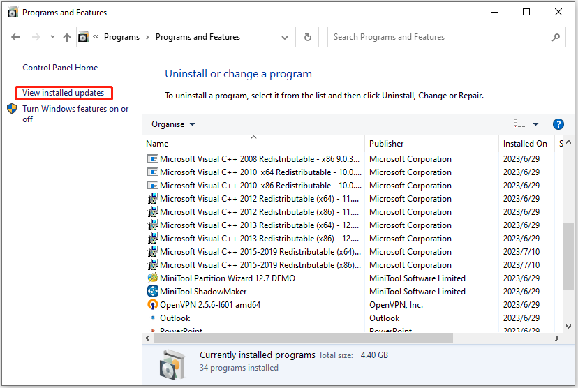cliquez sur Afficher les mises à jour installées