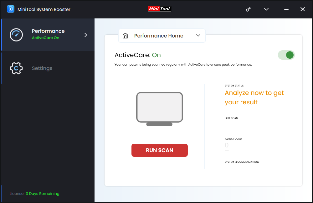 toggle on ActiveCare and hit RUN SCAN