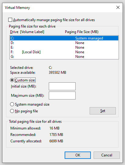 increase virtual memory in Windows 10