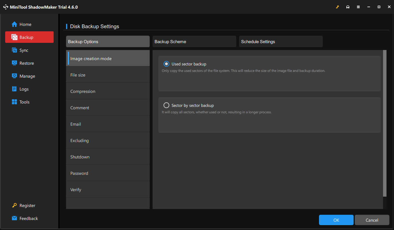 backup options in MiniTool ShadowMaker