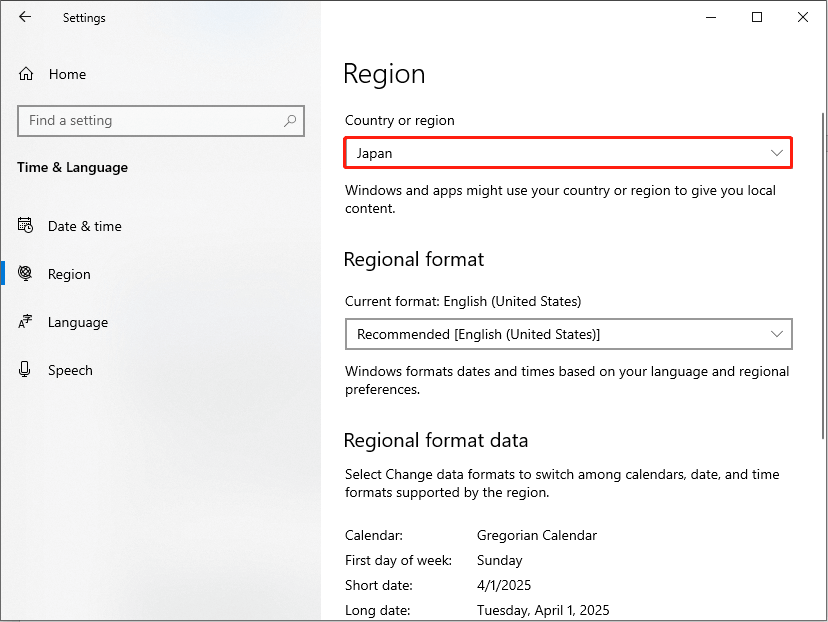 select Japan from the drop-down menu