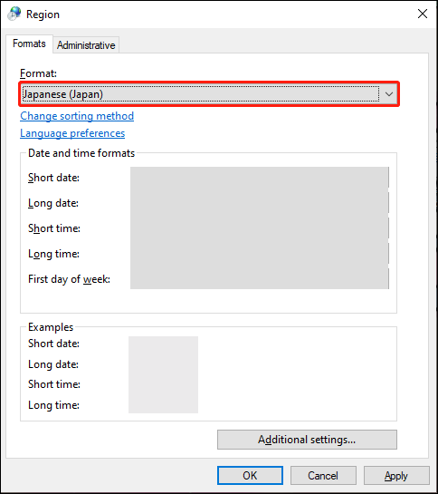 select Japanese from the Format drop-down menu
