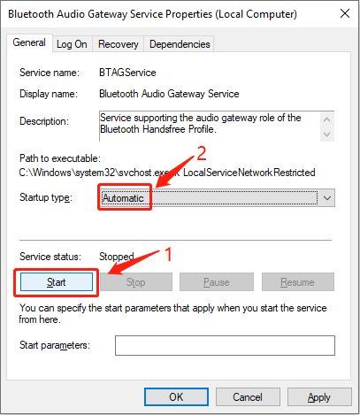 change the properties of the Bluetooth Audio Gateway Service