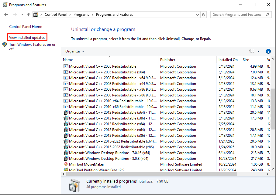 choose View installed updates to find the target Windows update