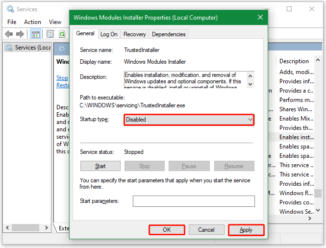 disable Windows Modules Installer service