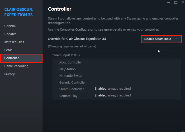 select Disable Steam Input from the drop-down menu