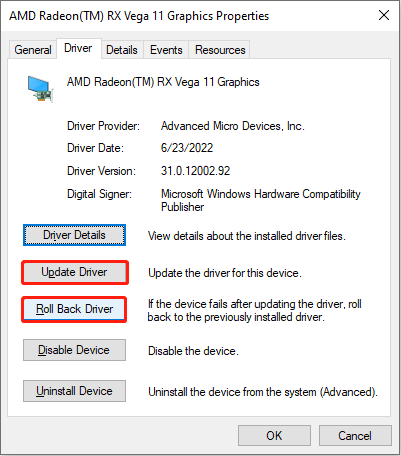 roll back or update the graphics driver