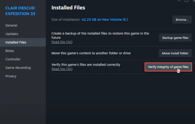 click the Verify the integrity of game files button