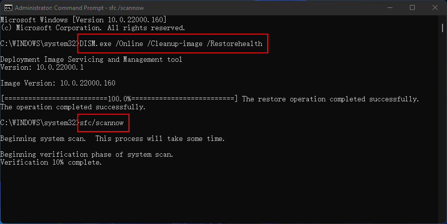 exécuter DISM et SFC