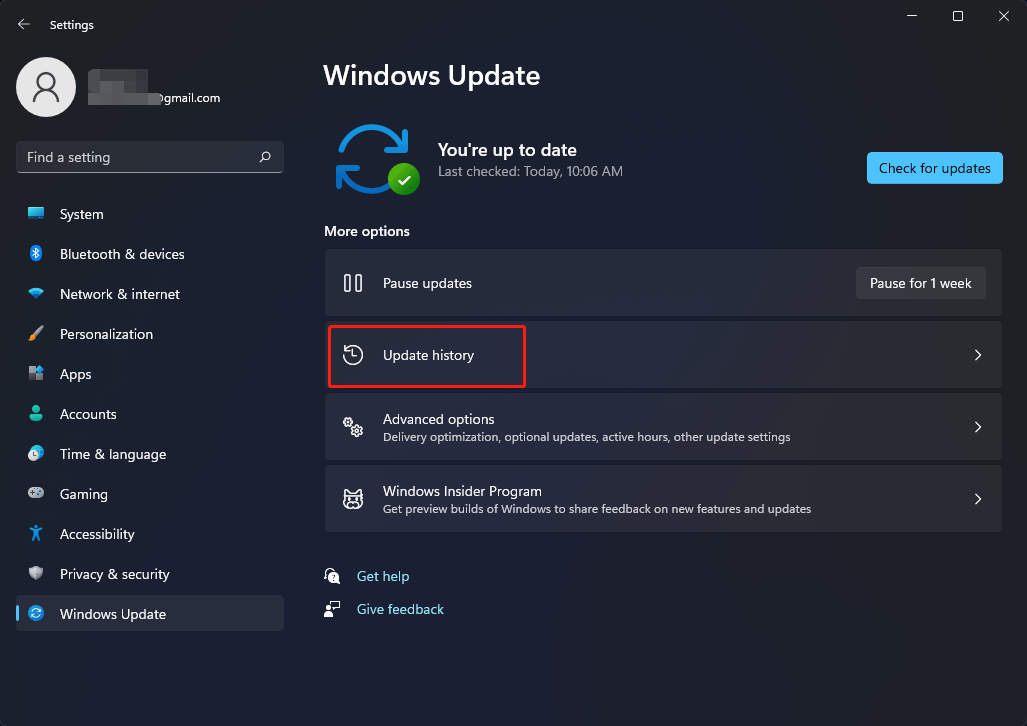 cliquez sur Mettre à jour l'historique